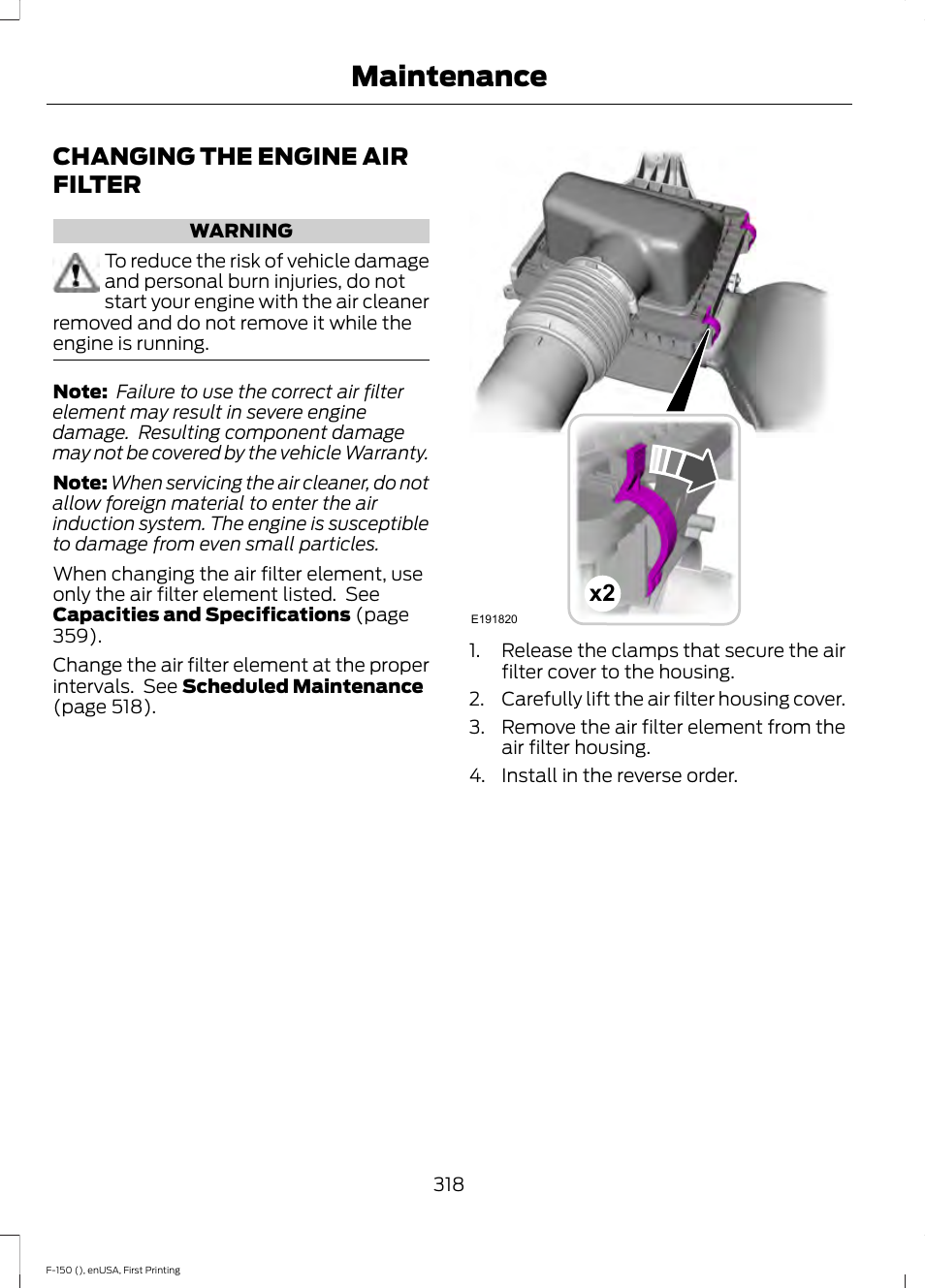 Changing the engine air filter, Maintenance | FORD 2015 F-150 User Manual | Page 321 / 549