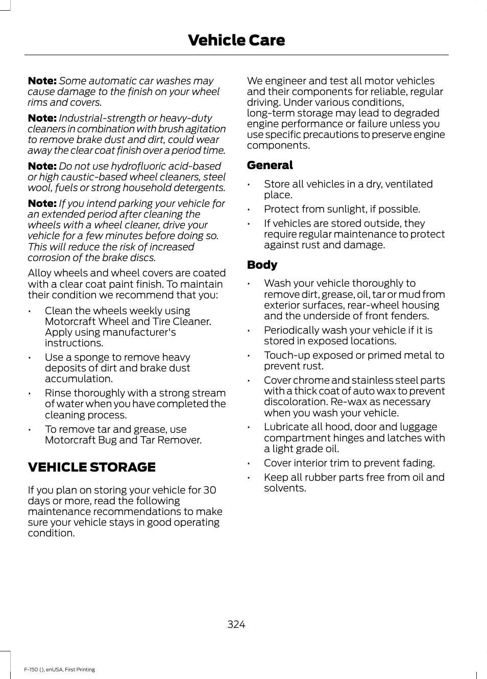 Vehicle storage, Vehicle care | FORD 2015 F-150 User Manual | Page 327 / 549