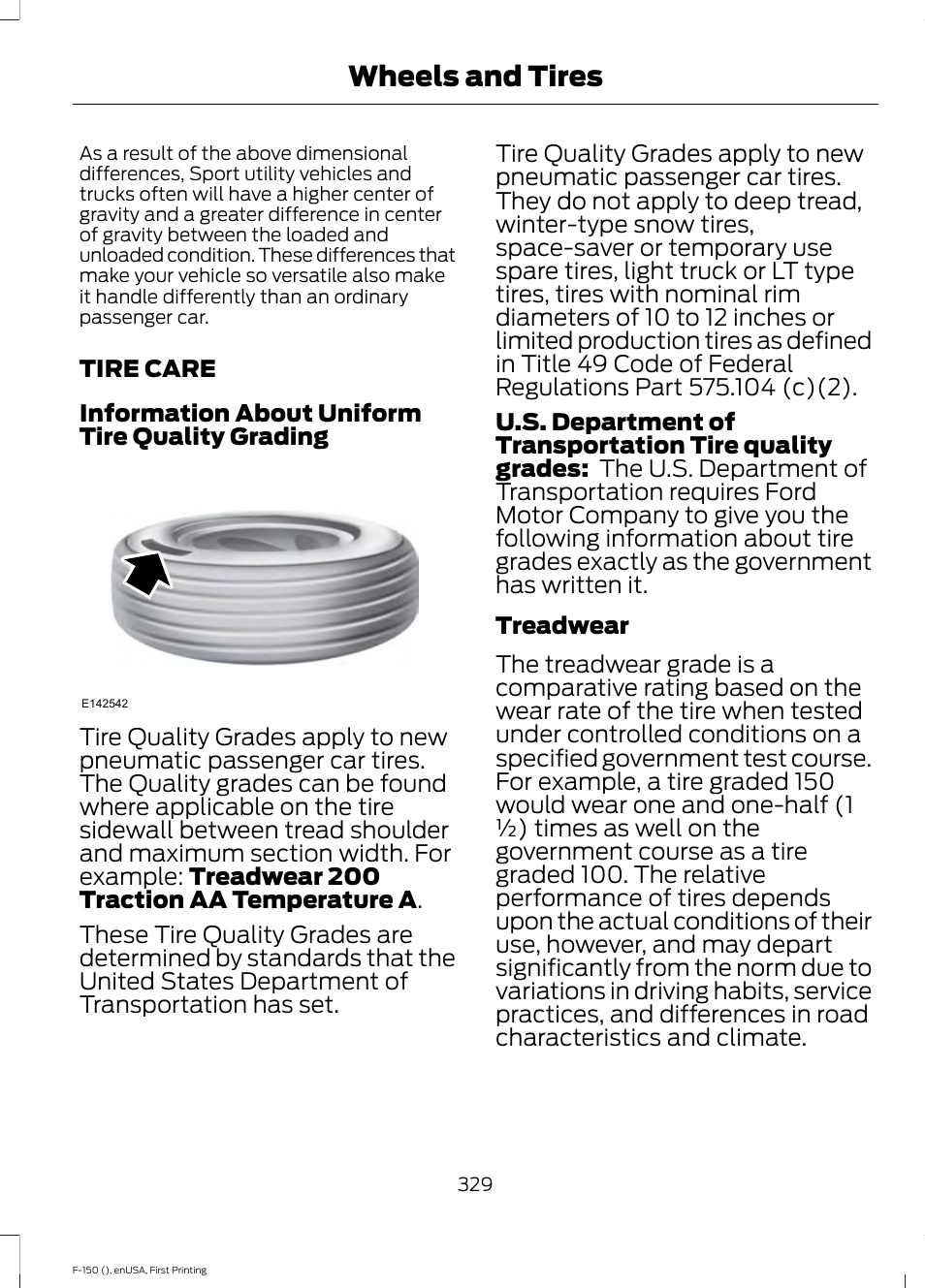 Tire care, Wheels and tires | FORD 2015 F-150 User Manual | Page 332 / 549