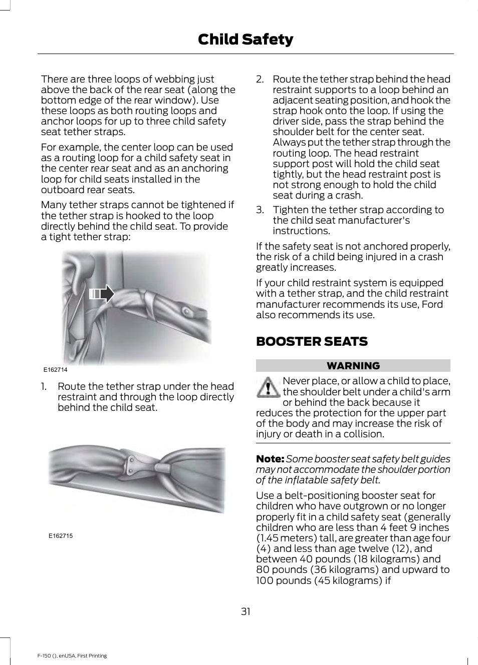 Booster seats, Child safety | FORD 2015 F-150 User Manual | Page 34 / 549