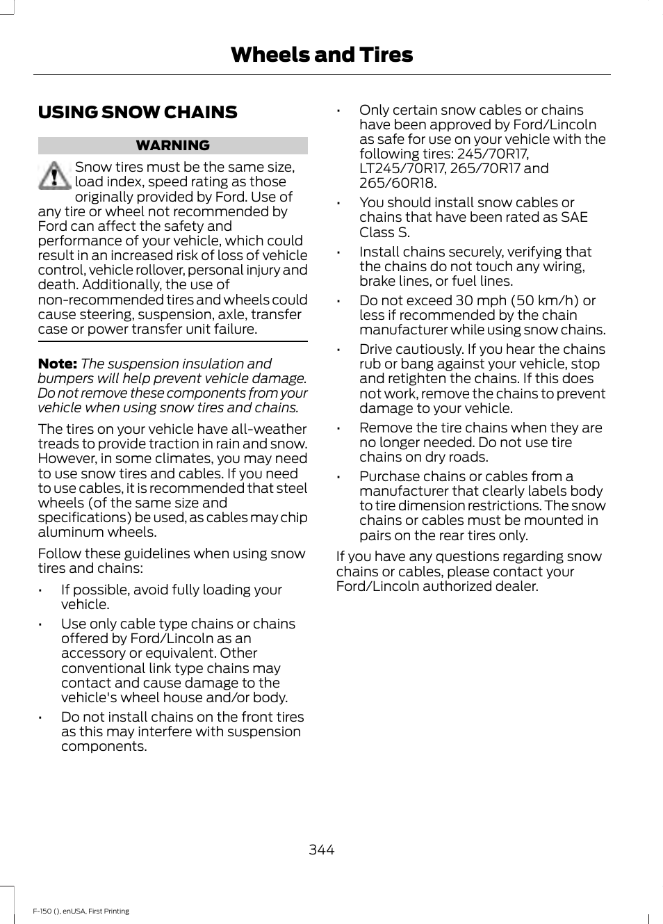 Using snow chains, Wheels and tires | FORD 2015 F-150 User Manual | Page 347 / 549