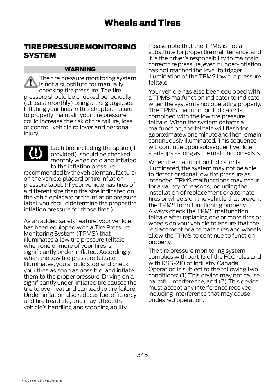 Tire pressure monitoring system, See tire pressure monitoring system, Wheels and tires | FORD 2015 F-150 User Manual | Page 348 / 549