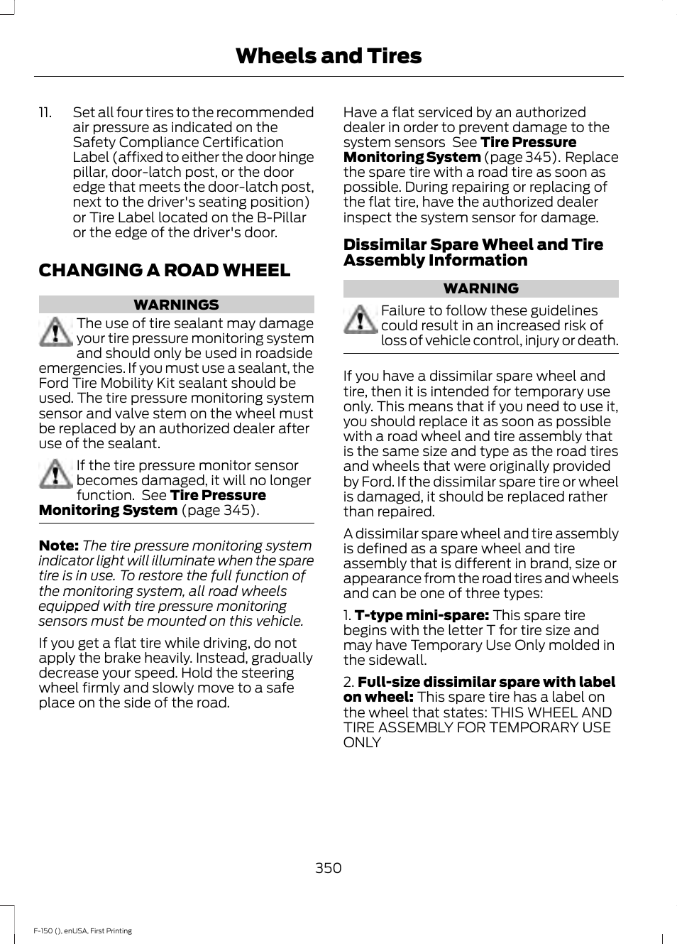 Changing a road wheel, Wheels and tires | FORD 2015 F-150 User Manual | Page 353 / 549