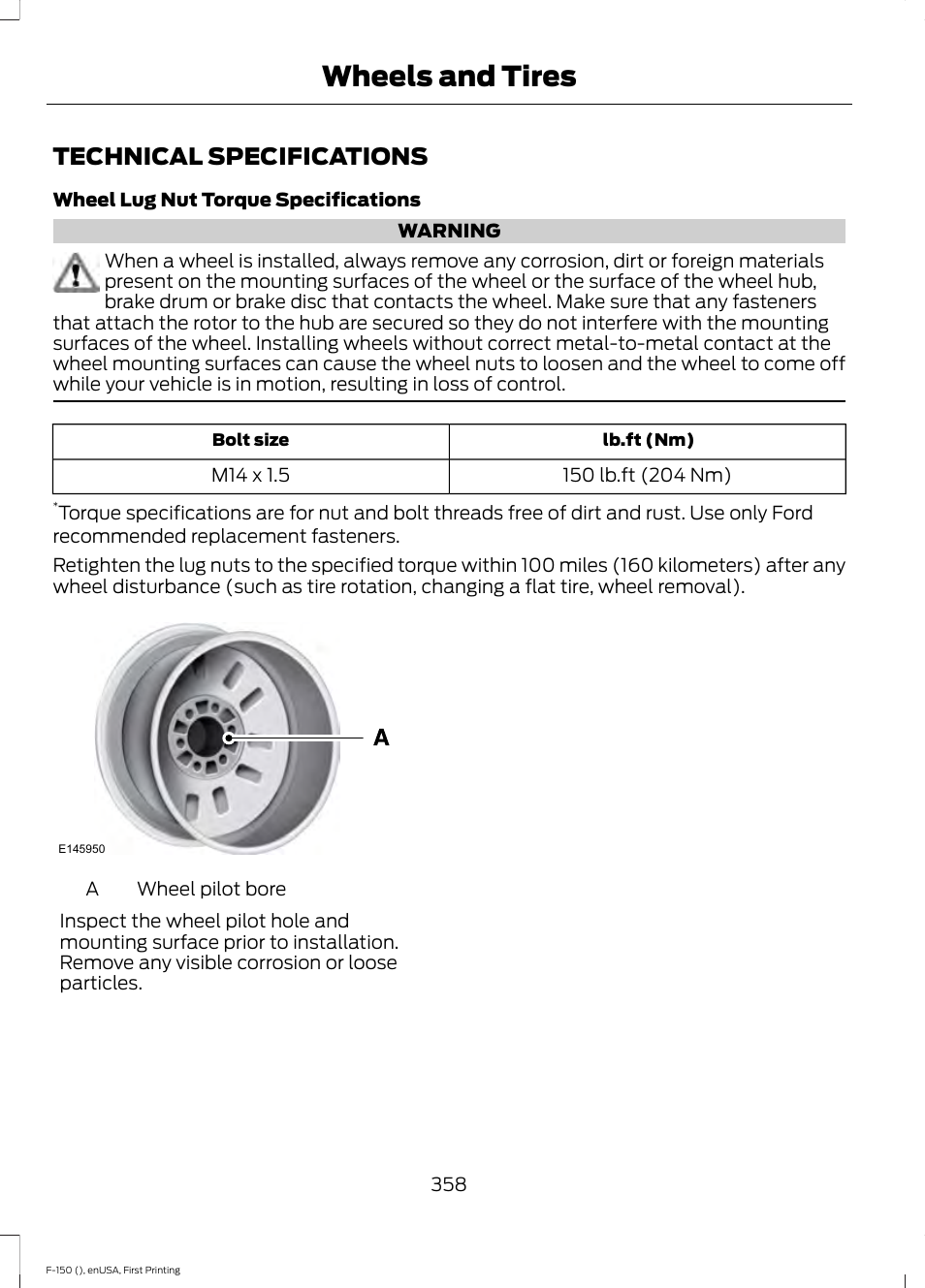 Technical specifications, Wheels and tires | FORD 2015 F-150 User Manual | Page 361 / 549