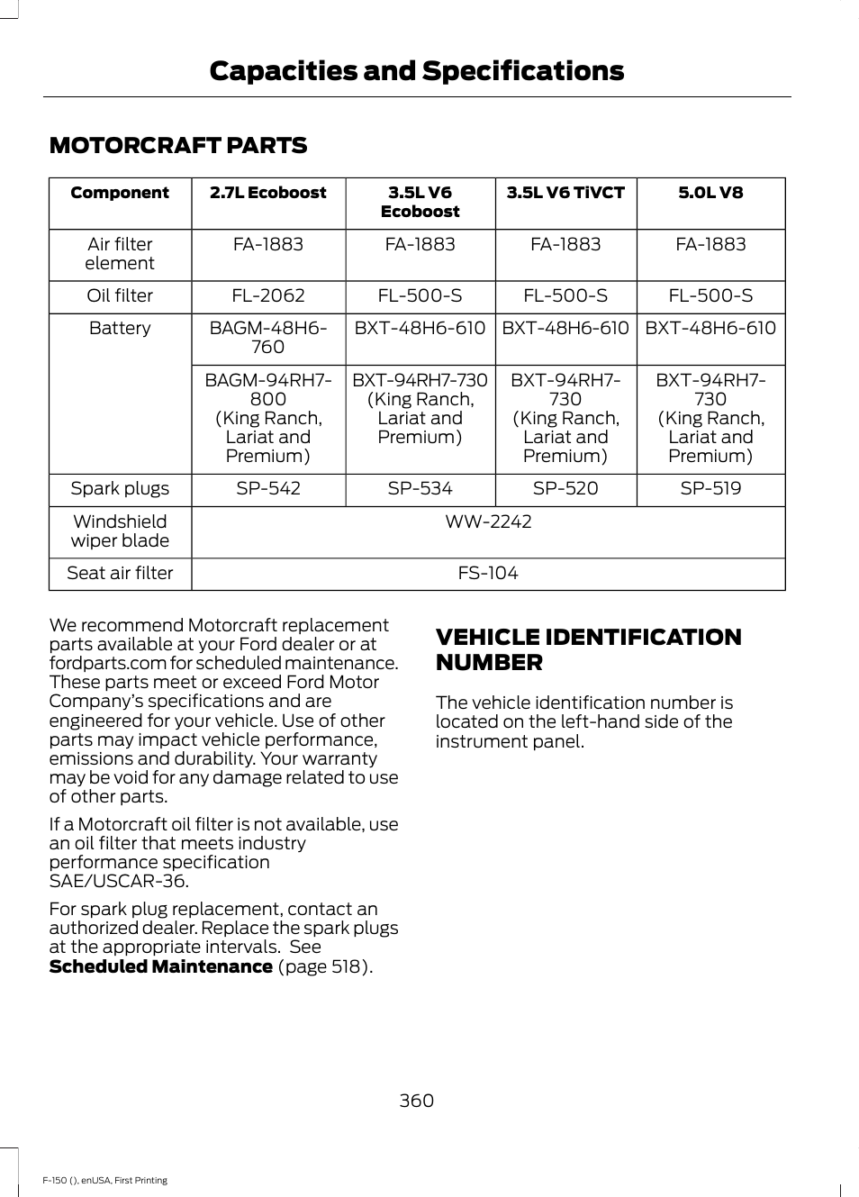 Motorcraft parts, Vehicle identification number, Motorcraft parts vehicle identification number | Capacities and specifications | FORD 2015 F-150 User Manual | Page 363 / 549