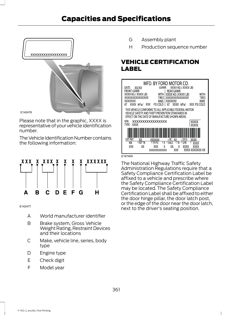 Vehicle certification label, Capacities and specifications | FORD 2015 F-150 User Manual | Page 364 / 549