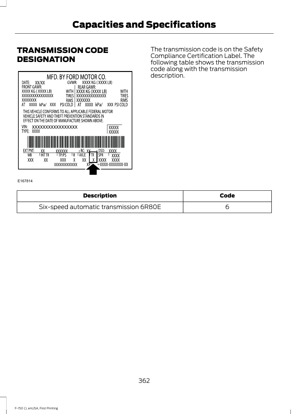 Transmission code designation, Capacities and specifications | FORD 2015 F-150 User Manual | Page 365 / 549