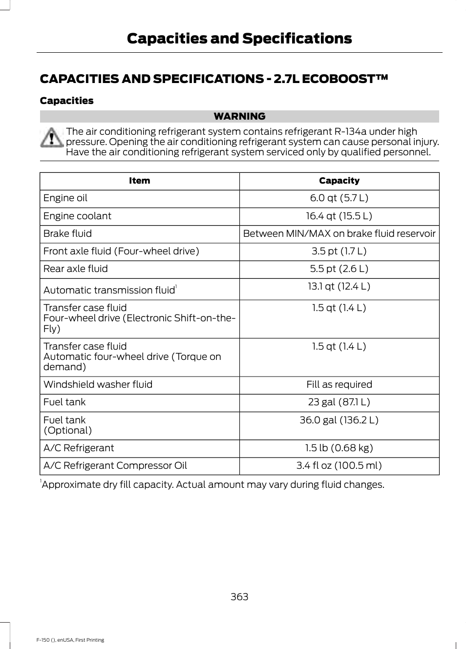 Capacities and specifications, Capacities and specifications - 2.7l, Ecoboost | Capacities and specifications - 2.7l ecoboost | FORD 2015 F-150 User Manual | Page 366 / 549