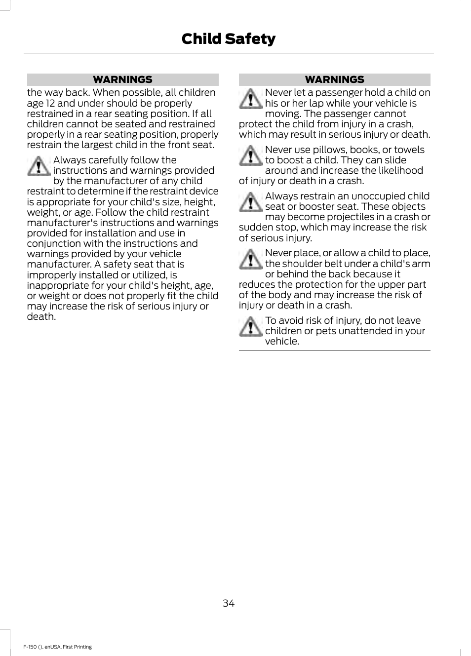 Child safety | FORD 2015 F-150 User Manual | Page 37 / 549