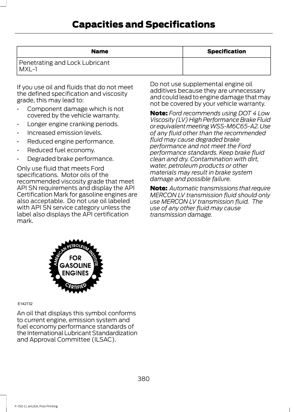 Capacities and specifications | FORD 2015 F-150 User Manual | Page 383 / 549