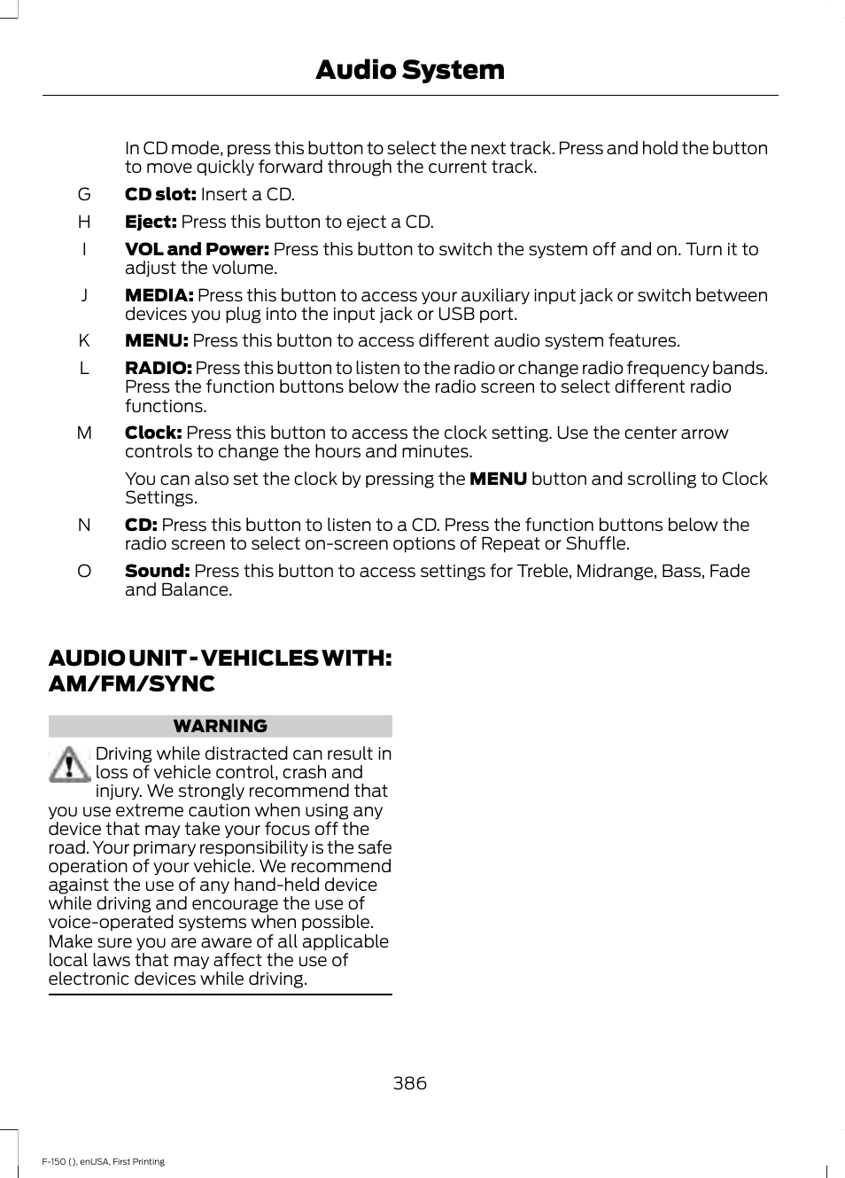 Audio unit, Audio unit - vehicles with: am/fm, Sync | Audio system, Audio unit - vehicles with: am/fm/sync | FORD 2015 F-150 User Manual | Page 389 / 549