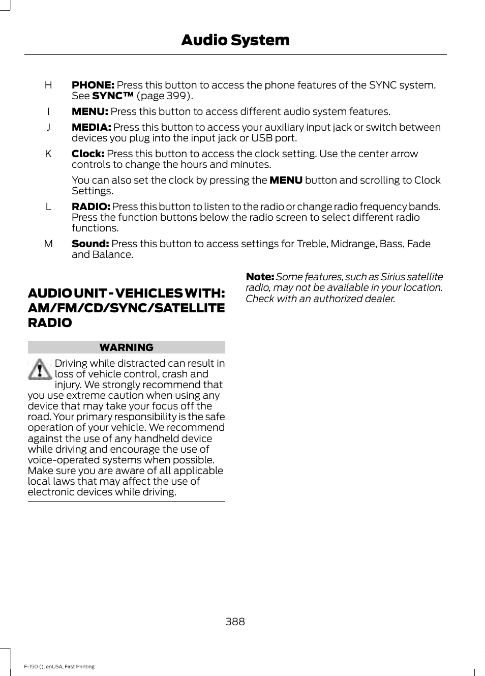 Audio unit, Audio unit - vehicles with: am/fm/cd, Sync/satellite radio | Audio system | FORD 2015 F-150 User Manual | Page 391 / 549