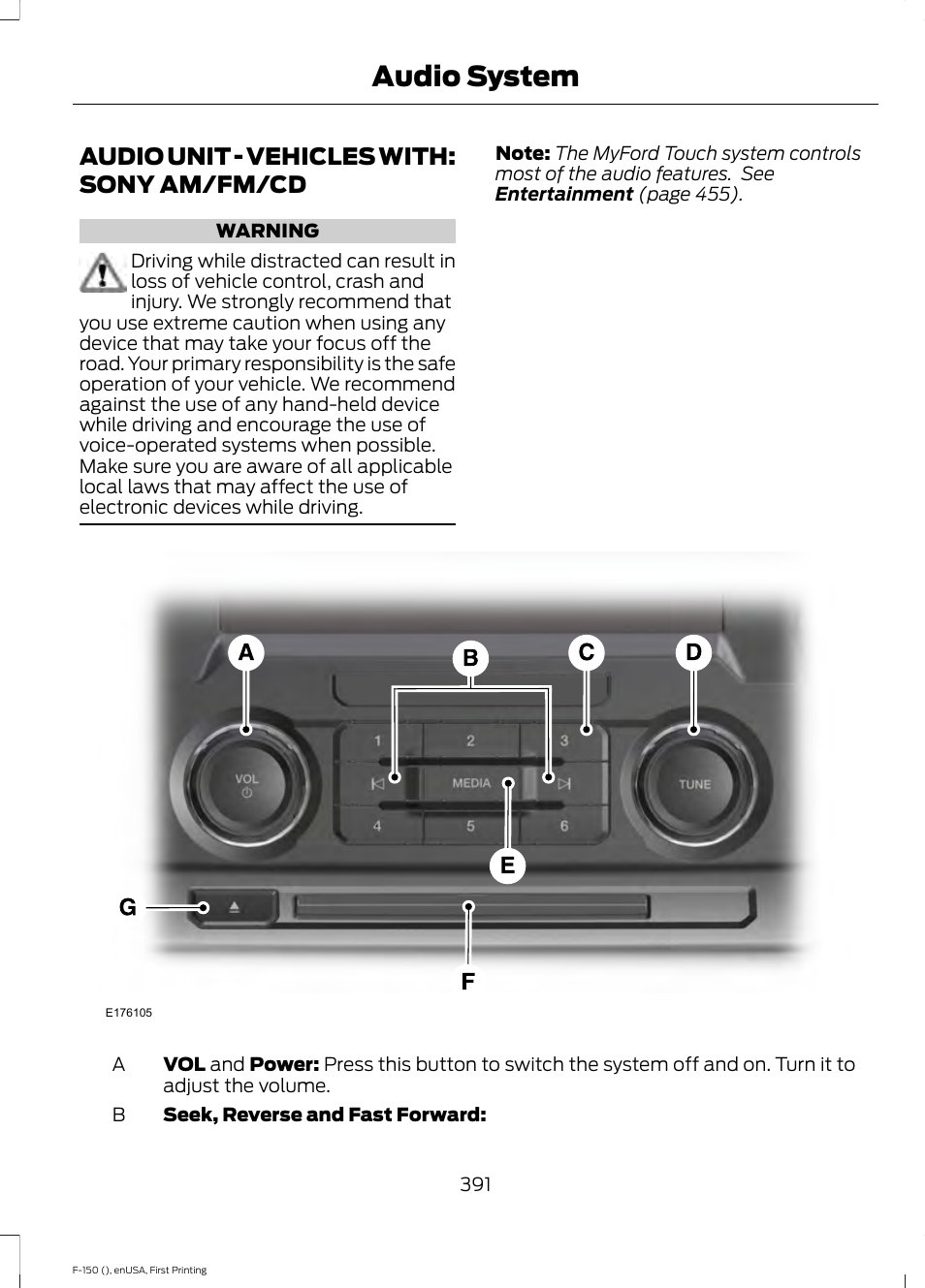 Audio unit, Audio unit - vehicles with: sony am/fm, Audio system | Audio unit - vehicles with: sony am/fm/cd | FORD 2015 F-150 User Manual | Page 394 / 549