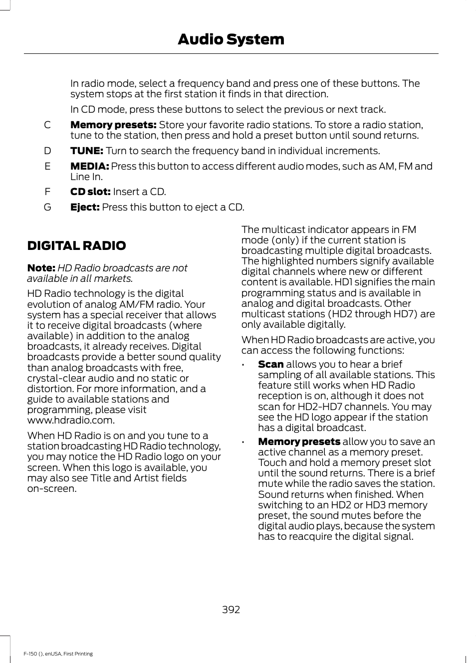 Digital radio, Audio system | FORD 2015 F-150 User Manual | Page 395 / 549