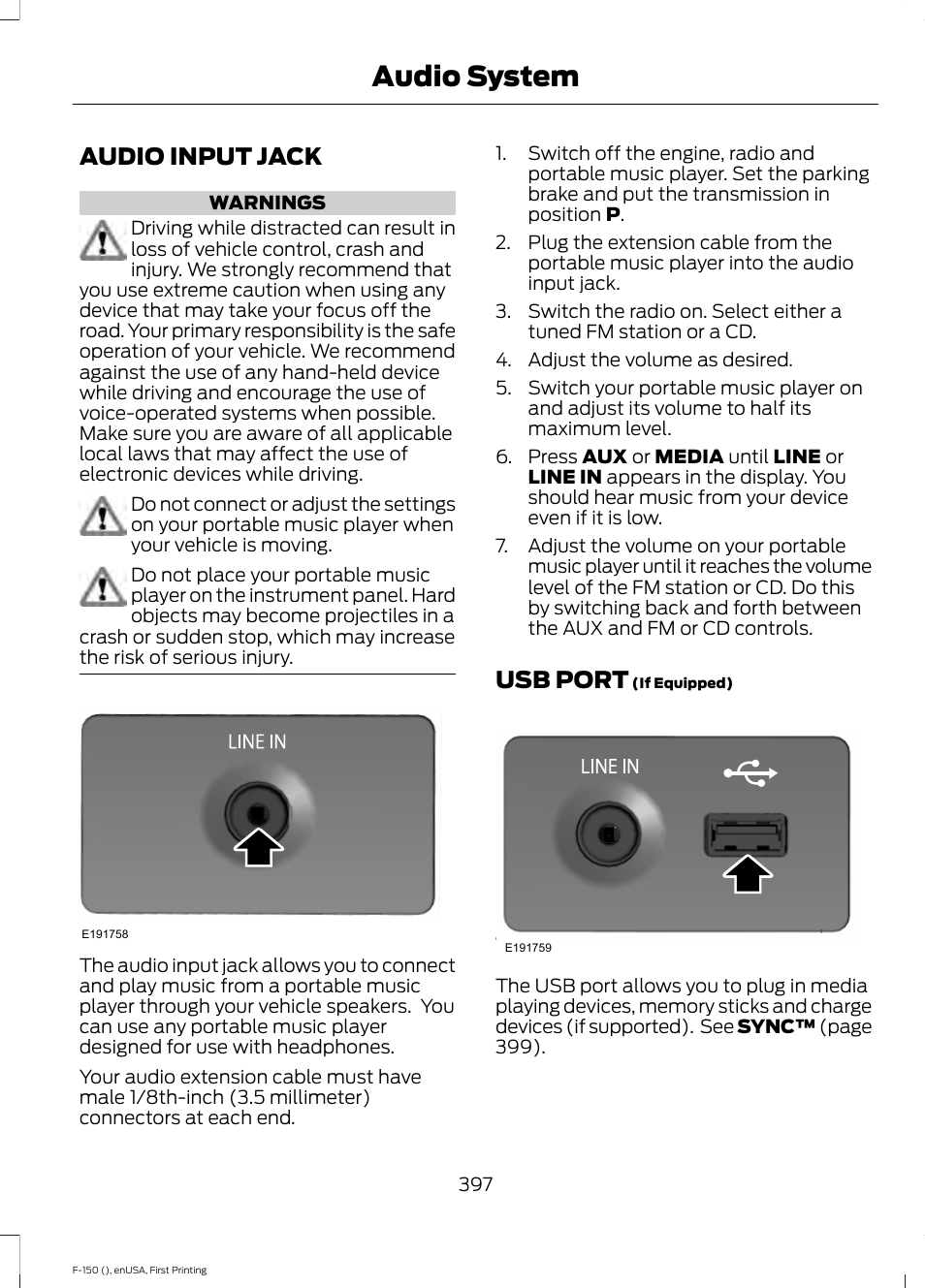 Audio input jack, Usb port, Audio input jack usb port | Audio system | FORD 2015 F-150 User Manual | Page 400 / 549