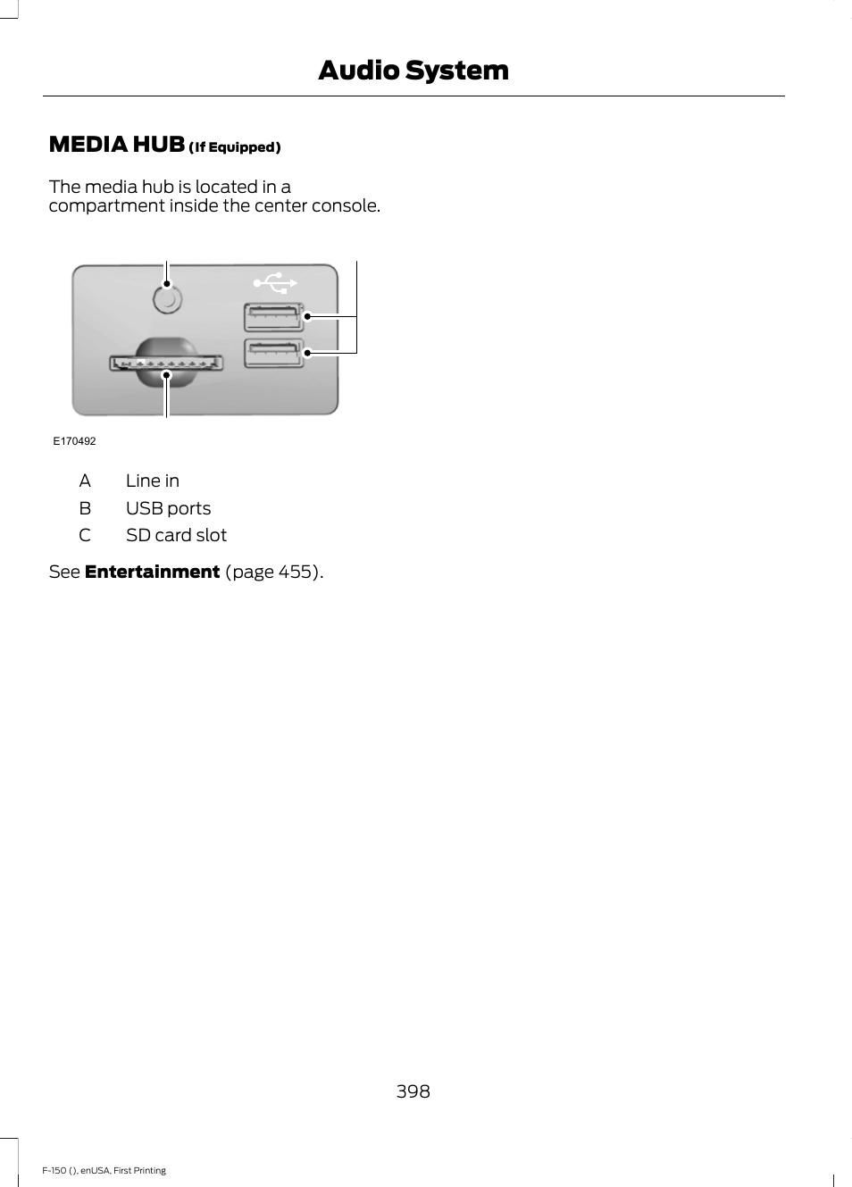 Media hub, Audio system, Ac b | FORD 2015 F-150 User Manual | Page 401 / 549