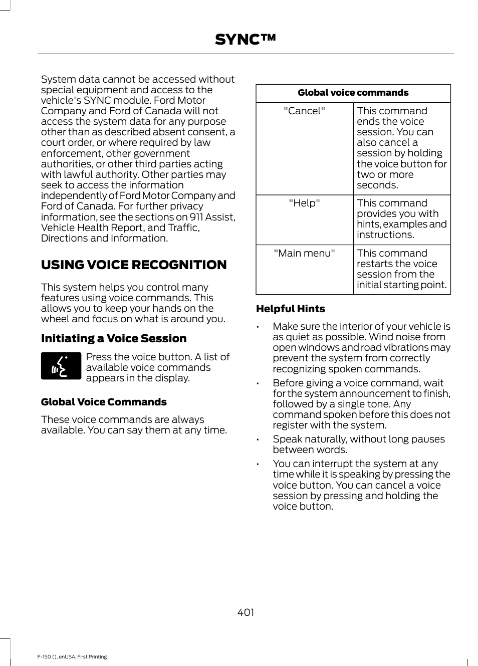 Using voice recognition, Sync | FORD 2015 F-150 User Manual | Page 404 / 549