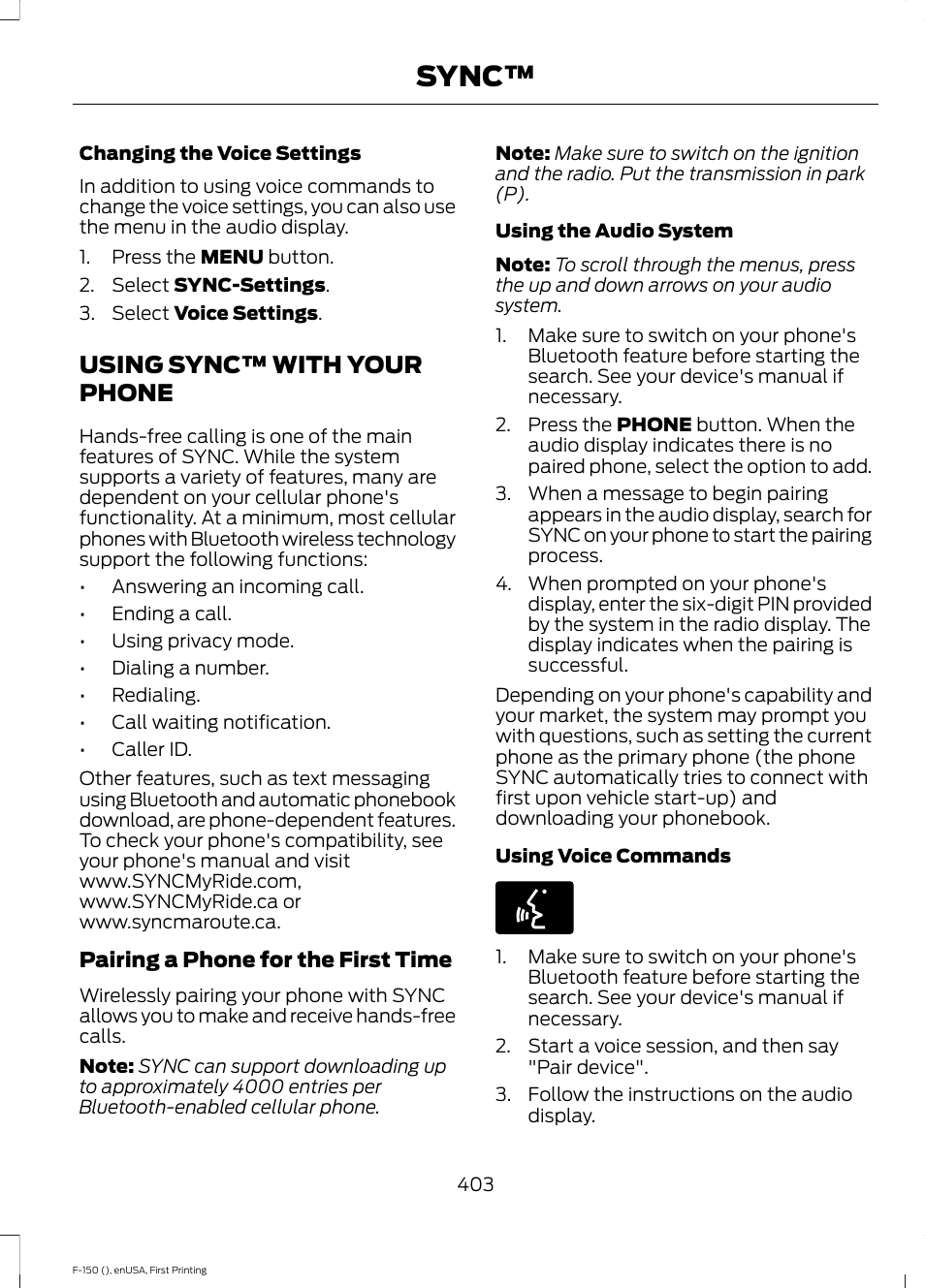 Using sync™ with your phone, Sync | FORD 2015 F-150 User Manual | Page 406 / 549