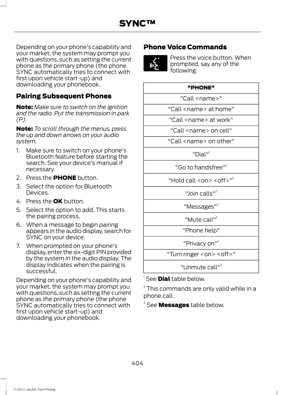 Sync, Pairing subsequent phones, Phone voice commands | FORD 2015 F-150 User Manual | Page 407 / 549