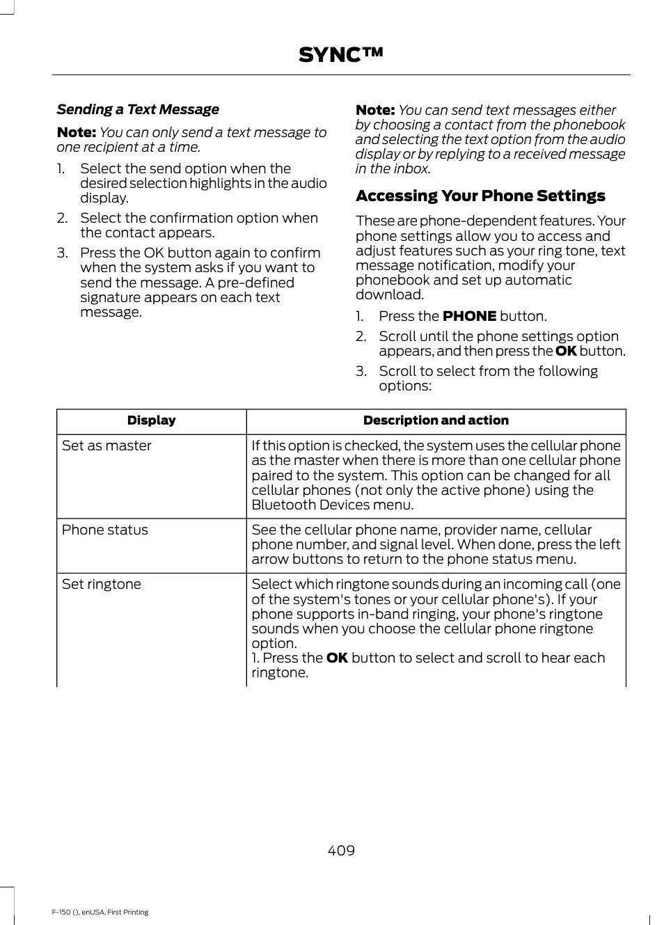 Sync | FORD 2015 F-150 User Manual | Page 412 / 549