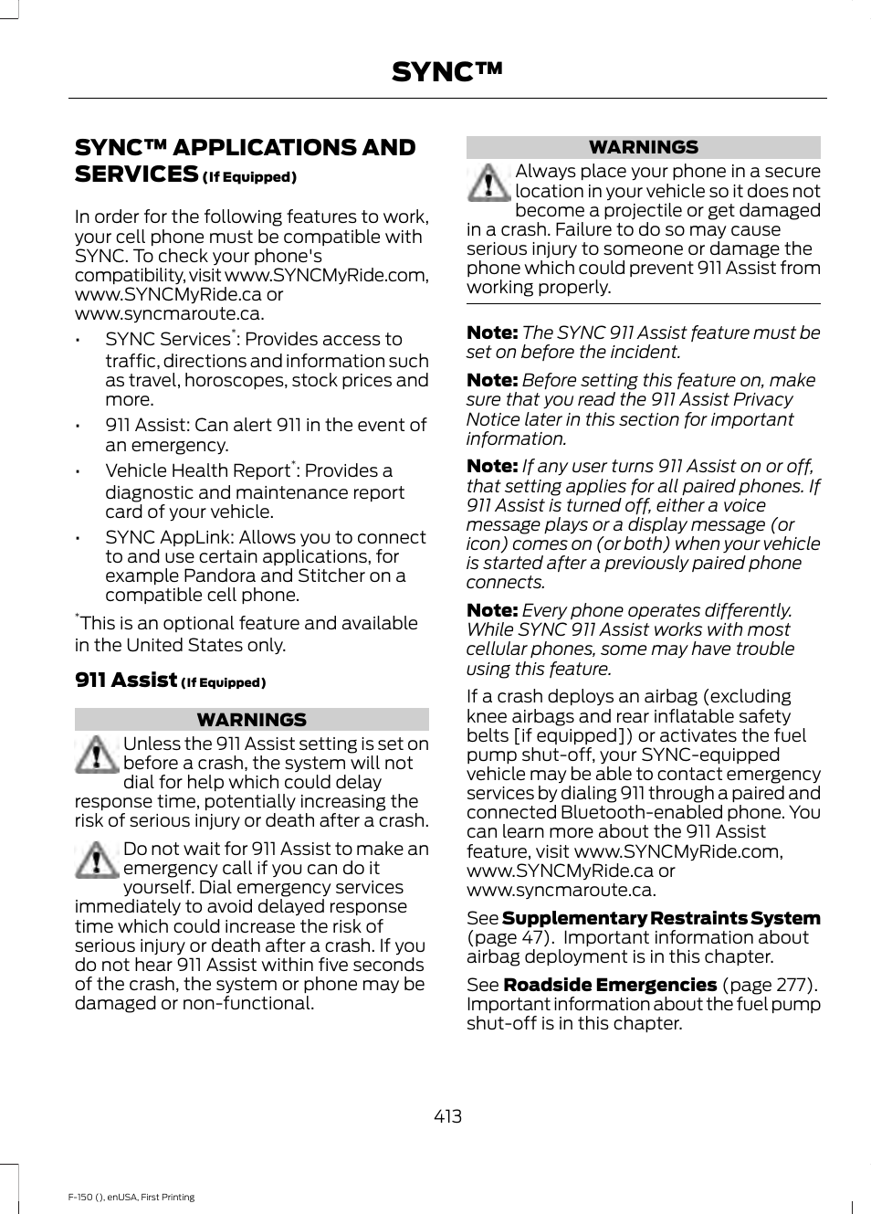 Sync™ applications and services, Sync | FORD 2015 F-150 User Manual | Page 416 / 549