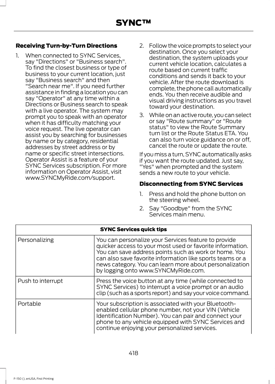 Sync | FORD 2015 F-150 User Manual | Page 421 / 549