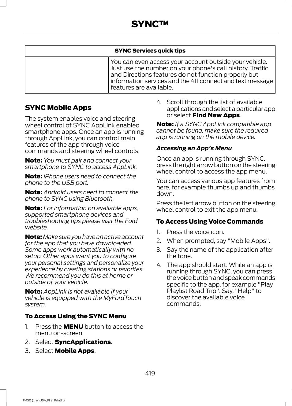 Sync | FORD 2015 F-150 User Manual | Page 422 / 549