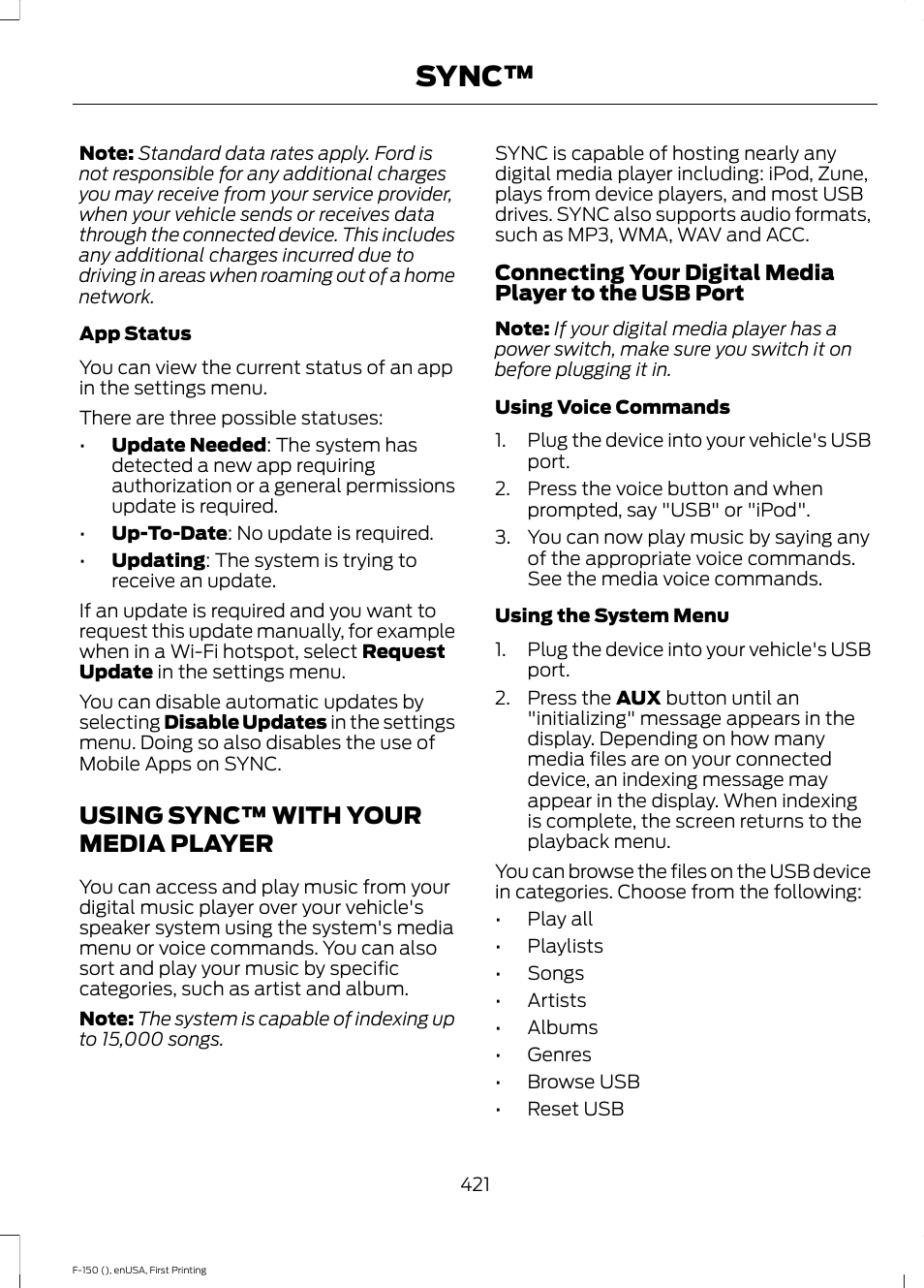 Using sync™ with your media player, Using sync™ with your media, Player | Sync | FORD 2015 F-150 User Manual | Page 424 / 549