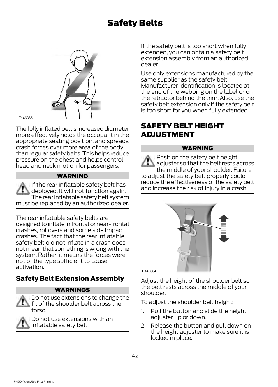 Safety belt height adjustment, Safety belts | FORD 2015 F-150 User Manual | Page 45 / 549