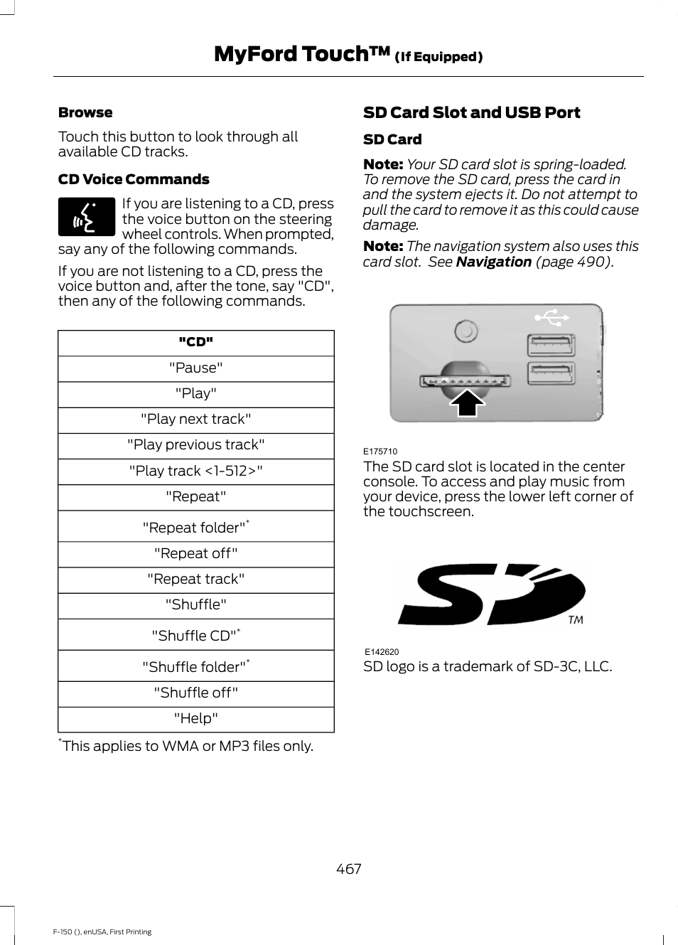 Myford touch, Sd card slot and usb port | FORD 2015 F-150 User Manual | Page 470 / 549