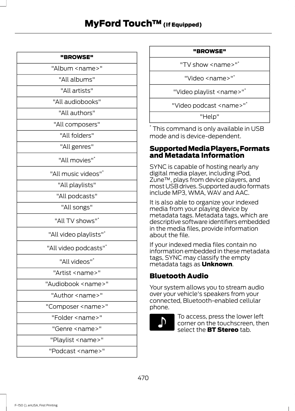 Myford touch, Bluetooth audio | FORD 2015 F-150 User Manual | Page 473 / 549