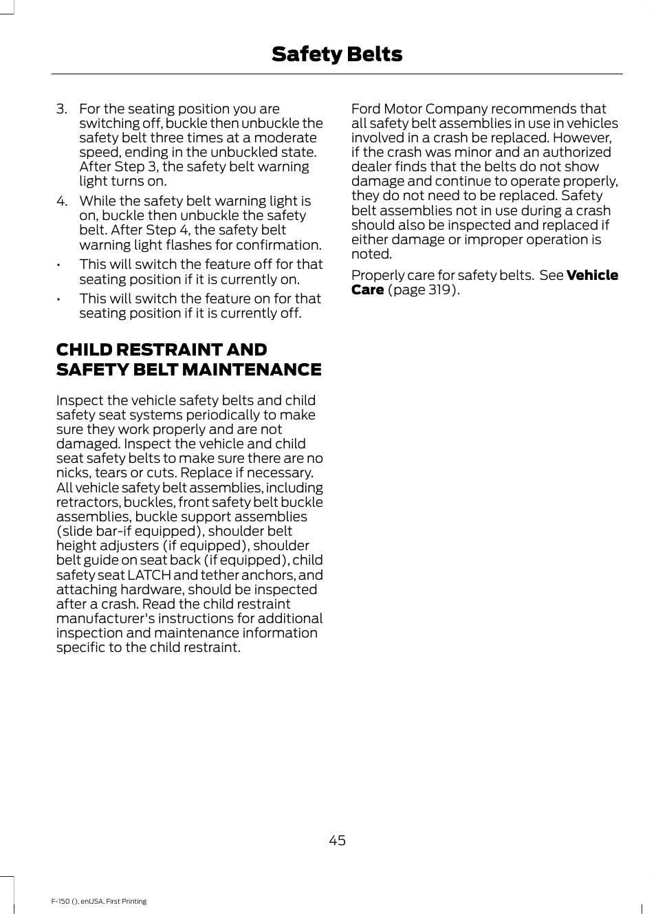 Child restraint and safety belt maintenance, Child restraint and safety belt, Maintenance | Safety belts | FORD 2015 F-150 User Manual | Page 48 / 549