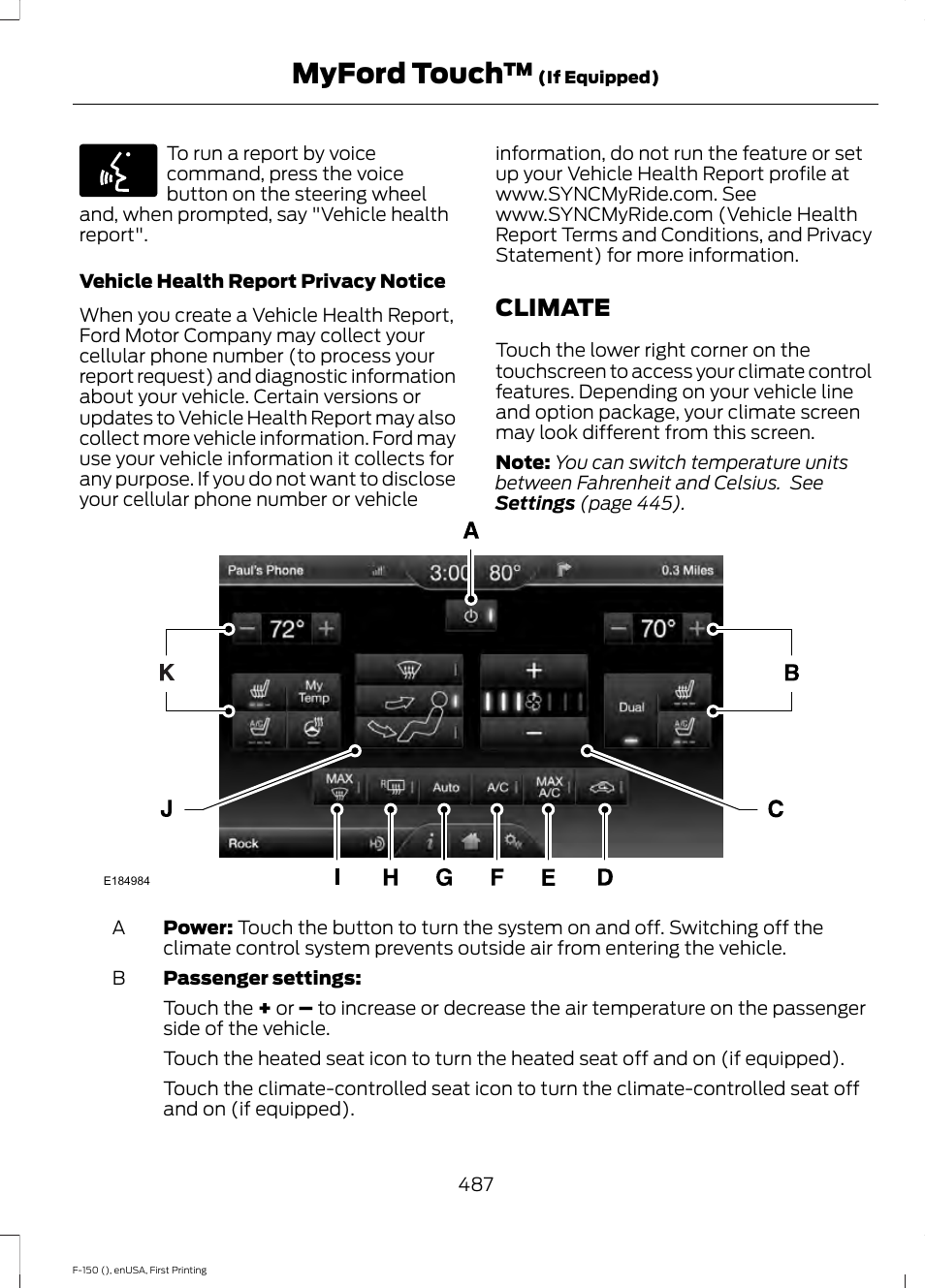 Climate, Myford touch | FORD 2015 F-150 User Manual | Page 490 / 549