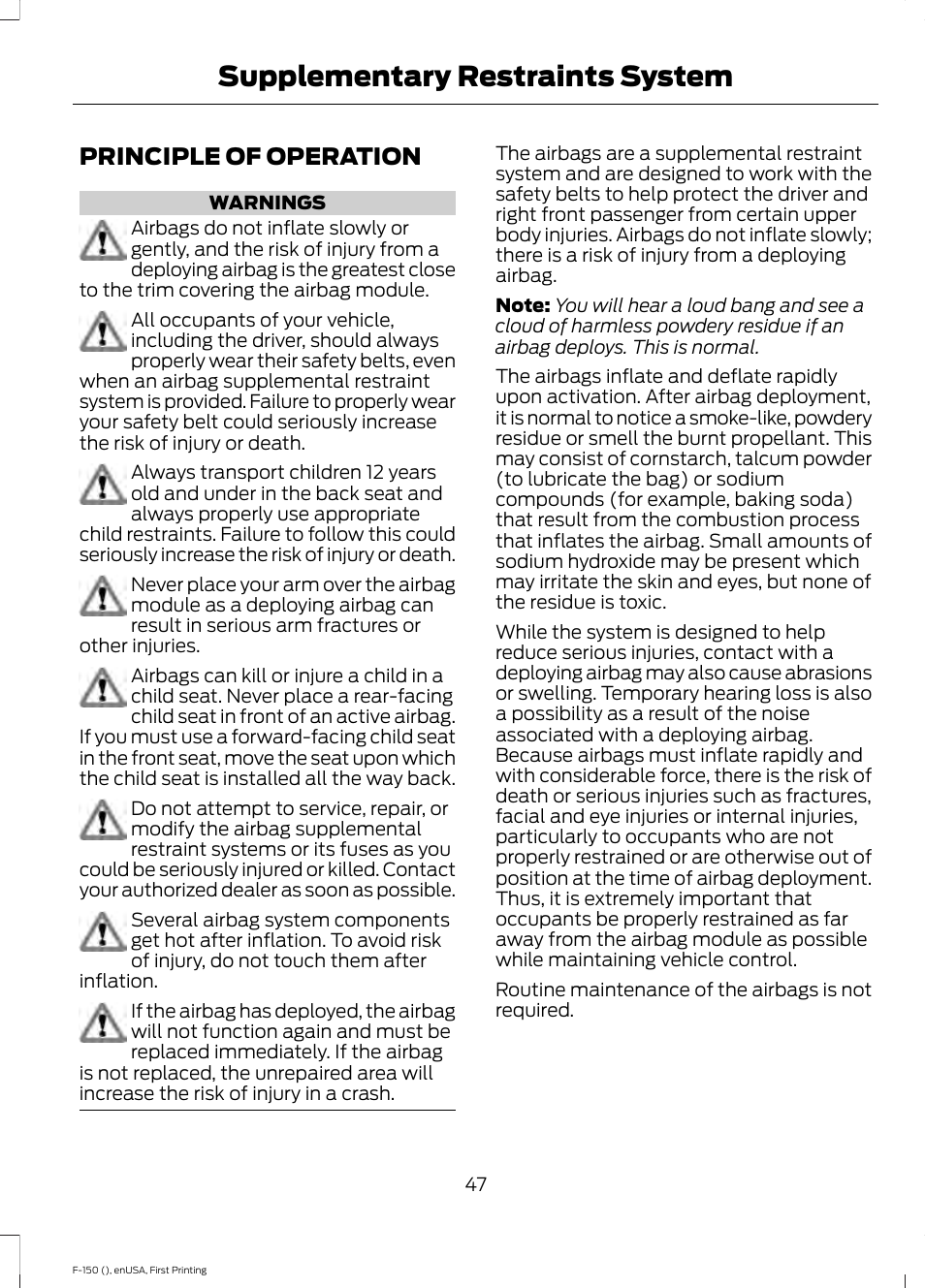 Supplementary restraints system, Principle of operation, Supplementary restraints | System | FORD 2015 F-150 User Manual | Page 50 / 549