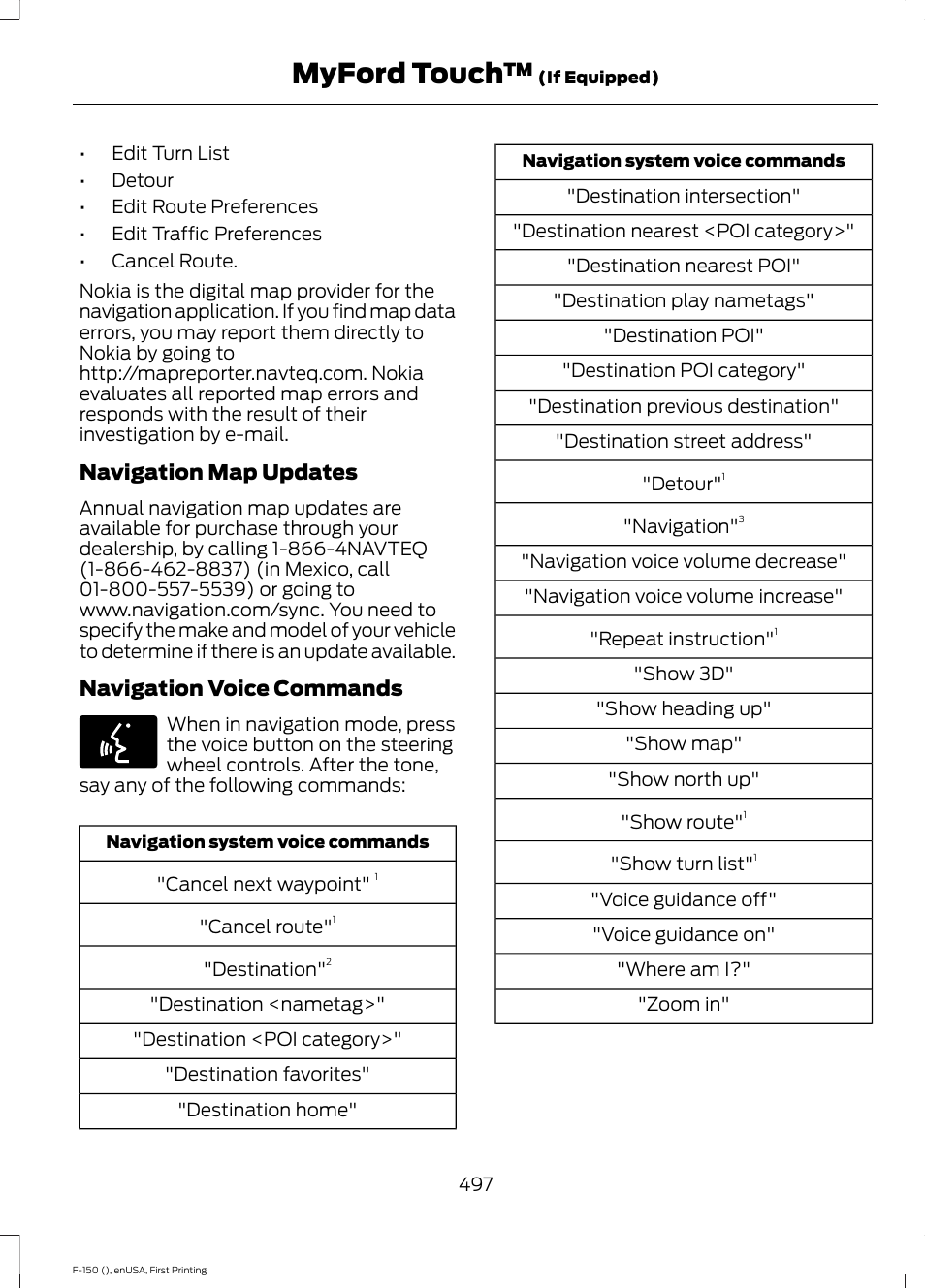 Myford touch, Navigation map updates, Navigation voice commands | FORD 2015 F-150 User Manual | Page 500 / 549
