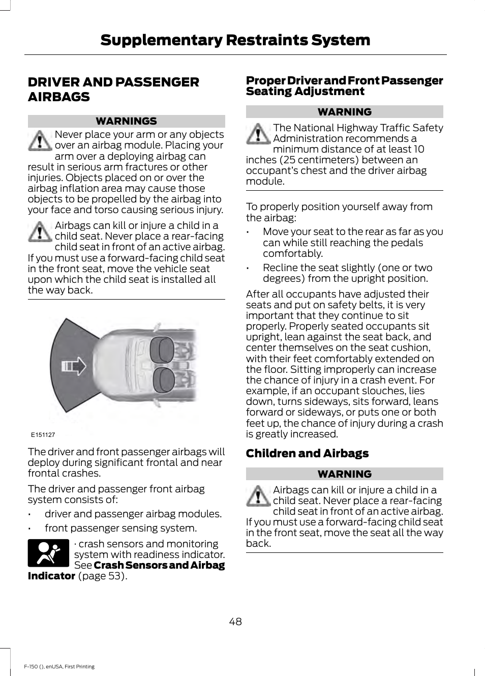 Driver and passenger airbags, Supplementary restraints system | FORD 2015 F-150 User Manual | Page 51 / 549