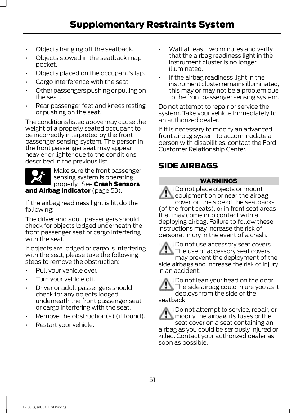 Side airbags, Supplementary restraints system | FORD 2015 F-150 User Manual | Page 54 / 549