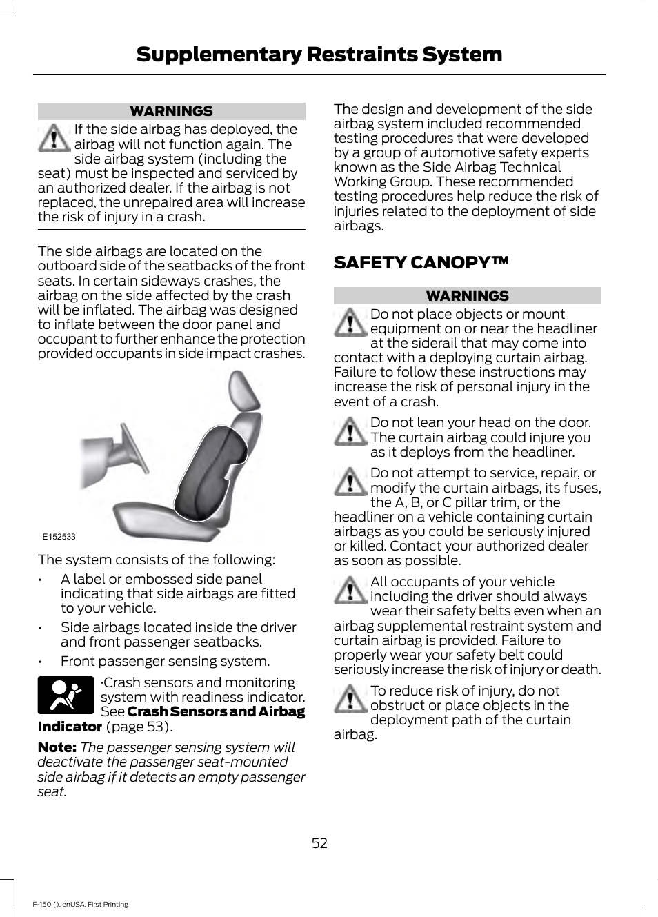 Safety canopy, Supplementary restraints system | FORD 2015 F-150 User Manual | Page 55 / 549