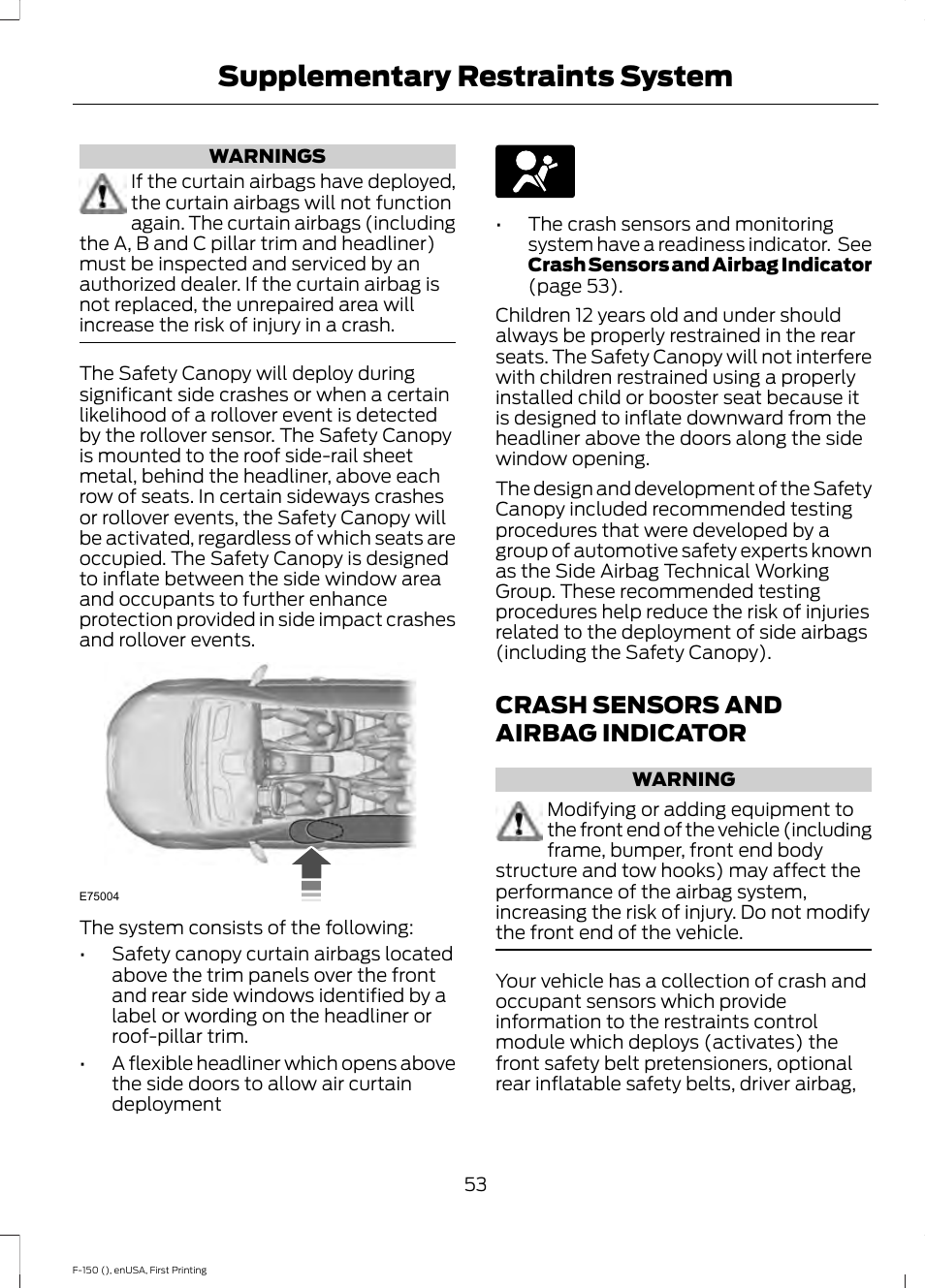 Crash sensors and airbag indicator, Supplementary restraints system | FORD 2015 F-150 User Manual | Page 56 / 549