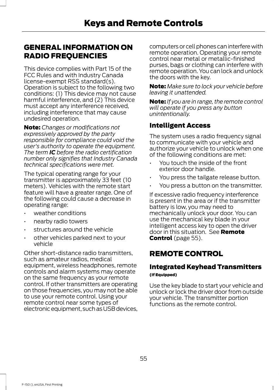 Keys and remote controls, General information on radio frequencies, Remote control | General information on radio, Frequencies | FORD 2015 F-150 User Manual | Page 58 / 549