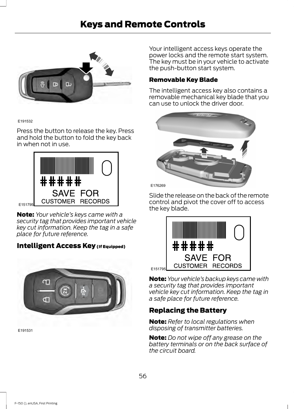 Keys and remote controls, Intelligent access key, Replacing the battery | FORD 2015 F-150 User Manual | Page 59 / 549