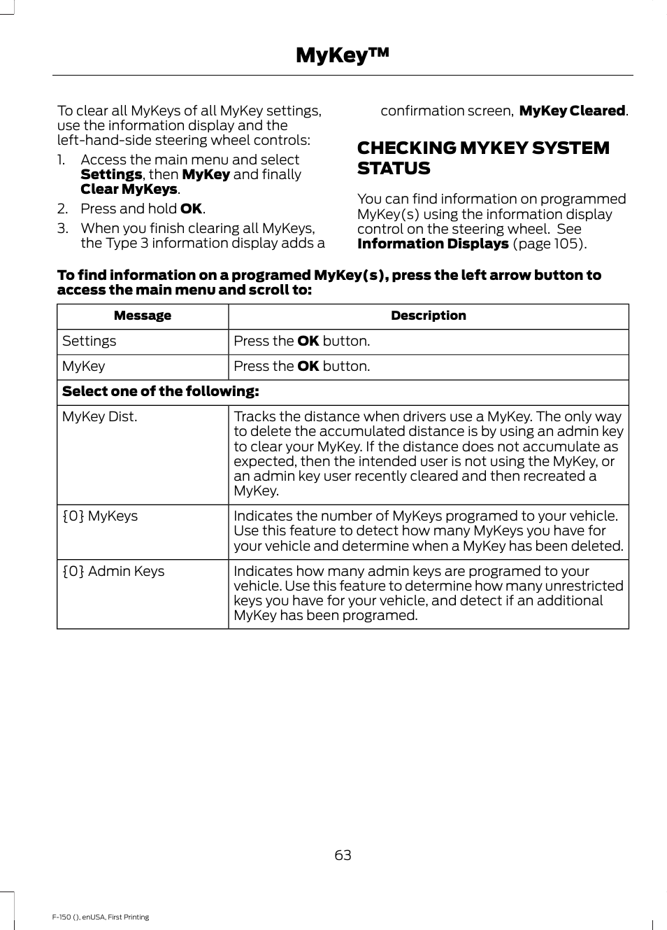 Checking mykey system status, Mykey | FORD 2015 F-150 User Manual | Page 66 / 549