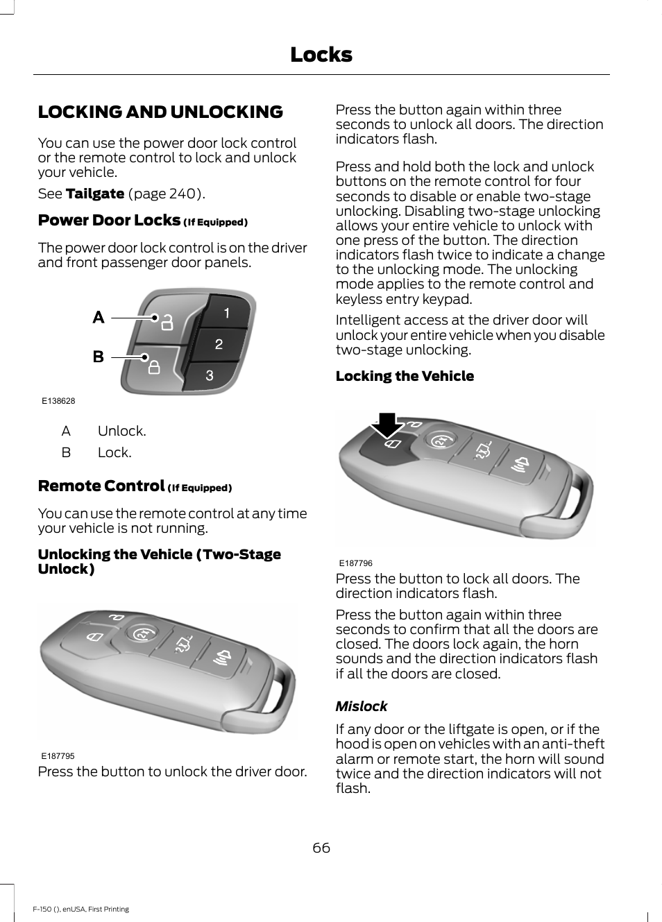 Locks, Locking and unlocking | FORD 2015 F-150 User Manual | Page 69 / 549
