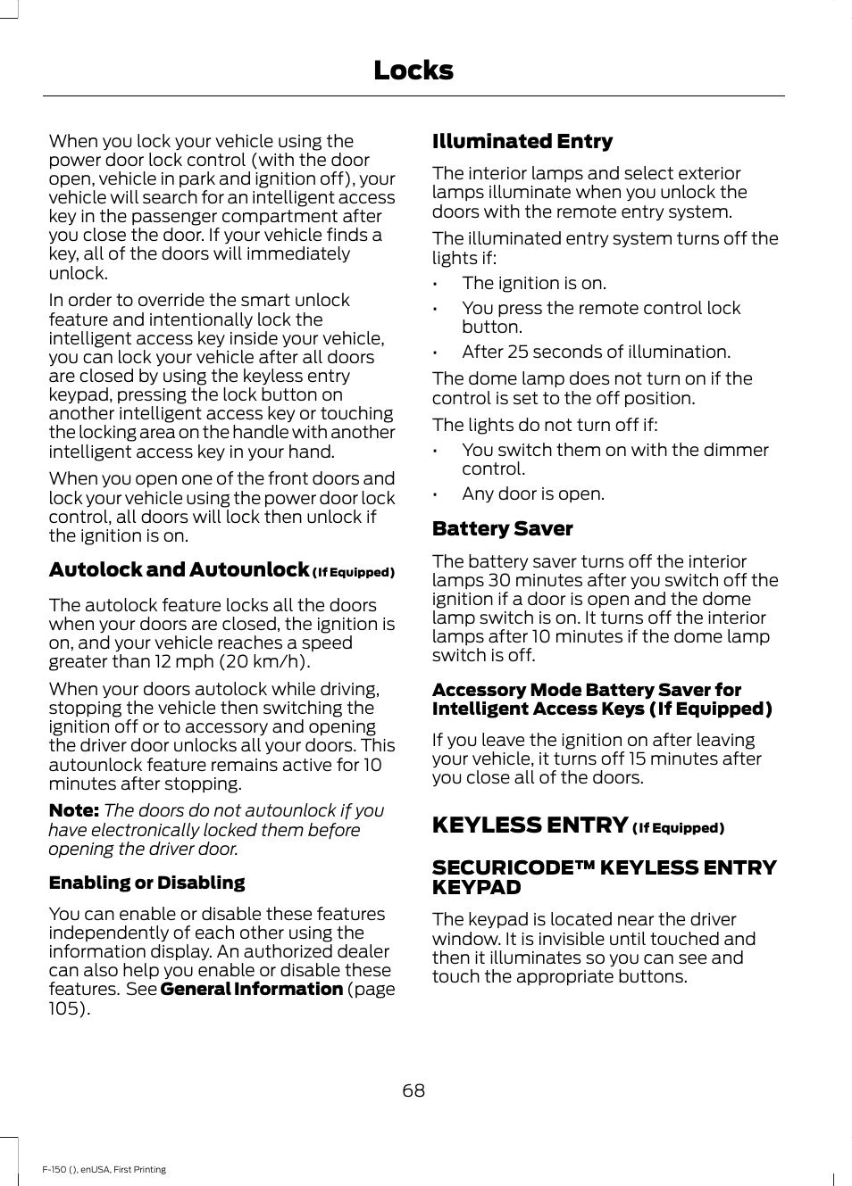 Keyless entry, Locks | FORD 2015 F-150 User Manual | Page 71 / 549