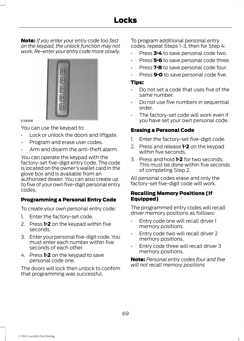 Locks | FORD 2015 F-150 User Manual | Page 72 / 549