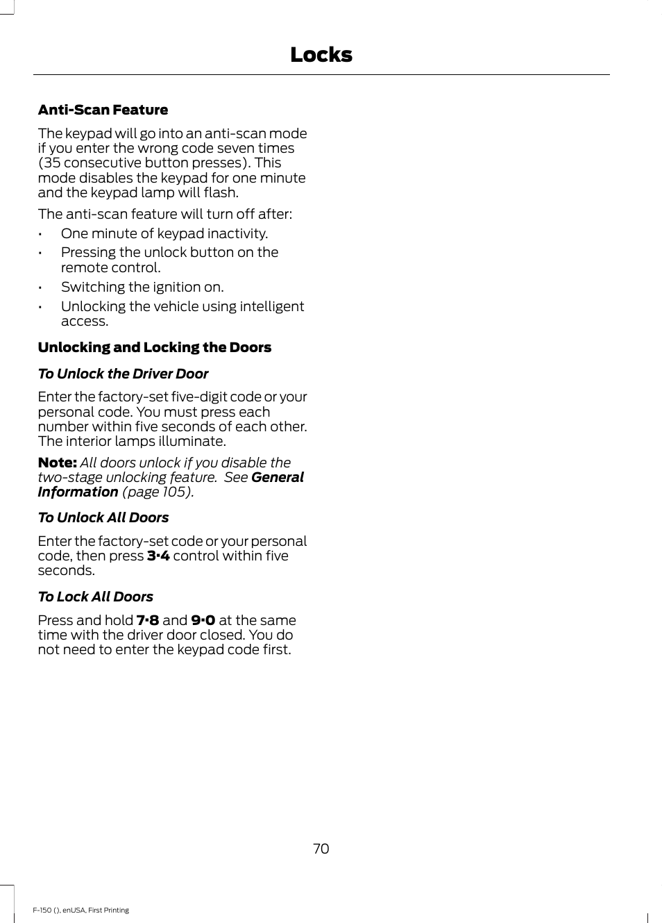 Locks | FORD 2015 F-150 User Manual | Page 73 / 549