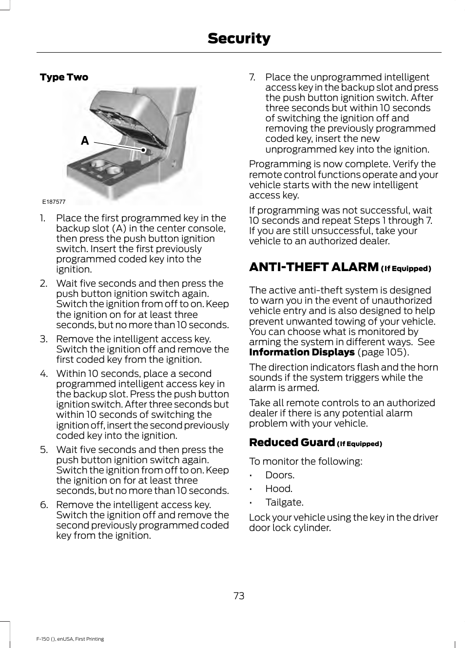 Anti-theft alarm, Security | FORD 2015 F-150 User Manual | Page 76 / 549