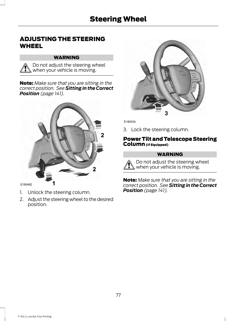 Steering wheel, Adjusting the steering wheel | FORD 2015 F-150 User Manual | Page 80 / 549
