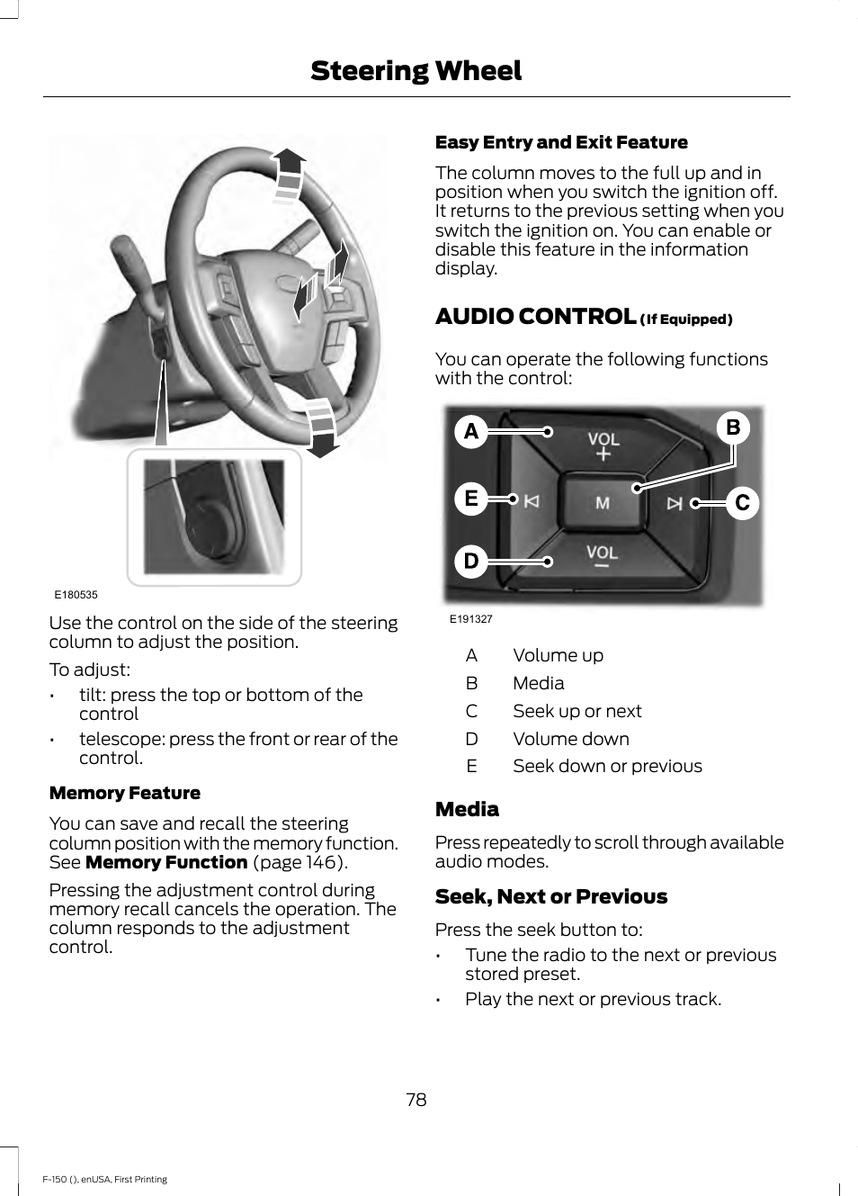 Audio control, Steering wheel | FORD 2015 F-150 User Manual | Page 81 / 549