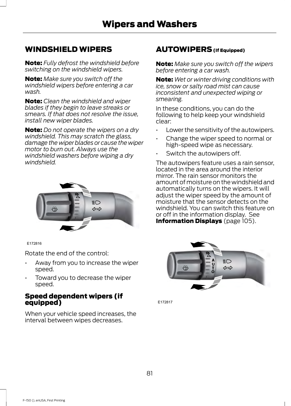 Wipers and washers, Windshield wipers, Autowipers | Windshield wipers autowipers | FORD 2015 F-150 User Manual | Page 84 / 549